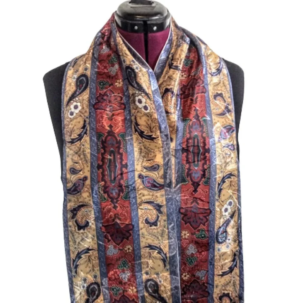 Vintage Tan Blue Red Paisley Jacquard Oblong Fringed Scarf